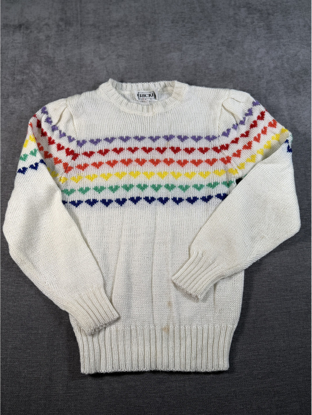 Vintage Ricki Miss Erika Inc. Rainbow Heart Pattern Knit Sweater Size Small
